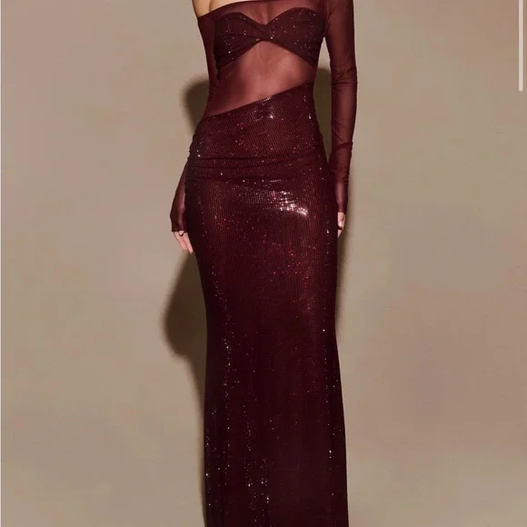 Meshki Burgundy One-Shoulder Sequin Gown - Picture 3 of 8